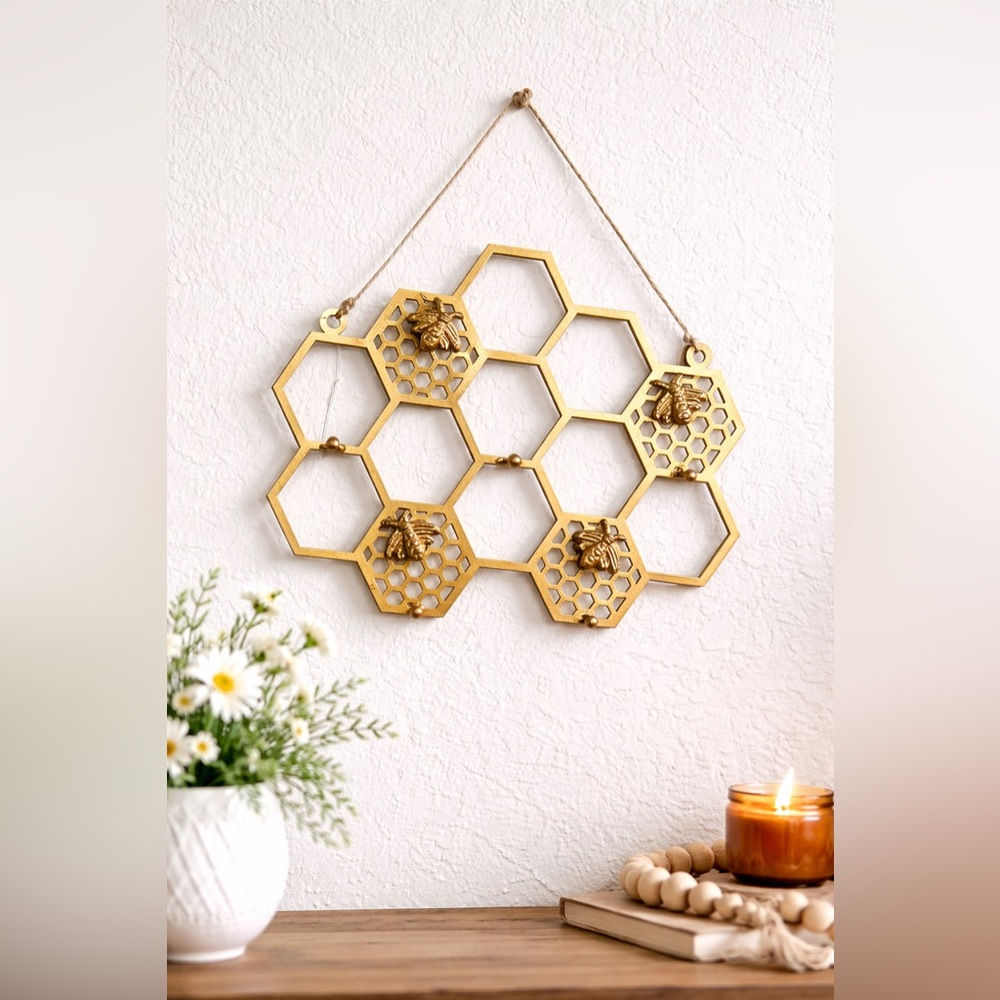Gold Honeycomb Bee Wall Decor Hanging World Market Metal Hexagon Art Design New